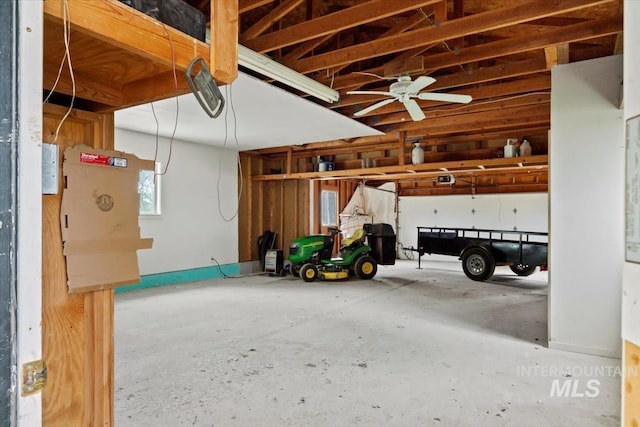 garage with a ceiling fan