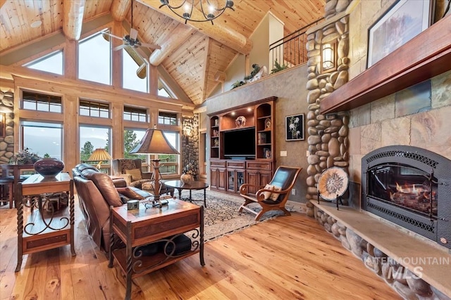 1533 Pine Lakes Ranch Dr, Cascade, ID 83611 - living room with high vaulted ceiling, a wooden ceiling with exposed beams, hardwood / wood-style floors, ceiling fan, and a fireplace