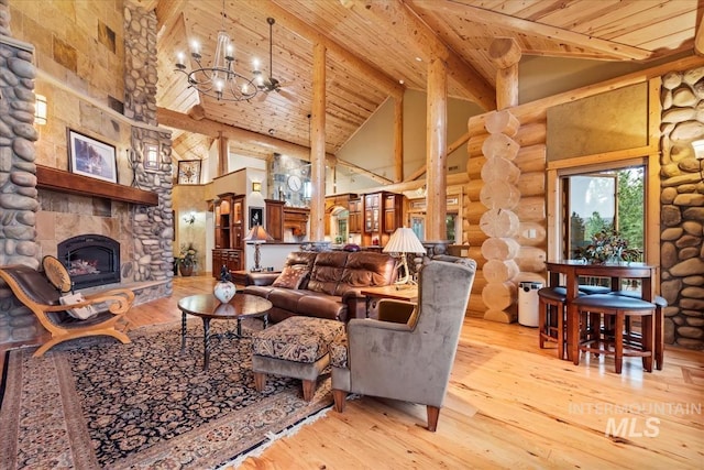 1533 Pine Lakes Ranch Dr, Cascade, ID 83611 - living area with high vaulted ceiling, rustic walls, a stone fireplace, hardwood / wood-style flooring, and a wooden ceiling with exposed beams