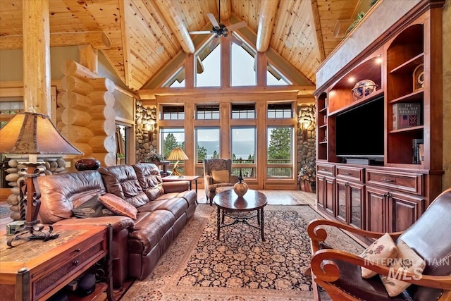 1533 Pine Lakes Ranch Dr, Cascade, ID 83611 - living room with a wood ceiling with exposed beams, ceiling fan, high vaulted ceiling, and log walls