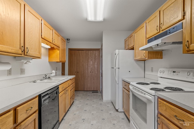 kitchen featuring black dishwasher, light floors, white electric range, under cabinet range hood, and a sink