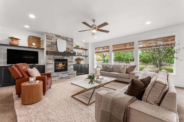 1912 N Bottle Creek Pl, Eagle, ID 83616 - carpeted living area with a ceiling fan, recessed lighting, and a stone fireplace
