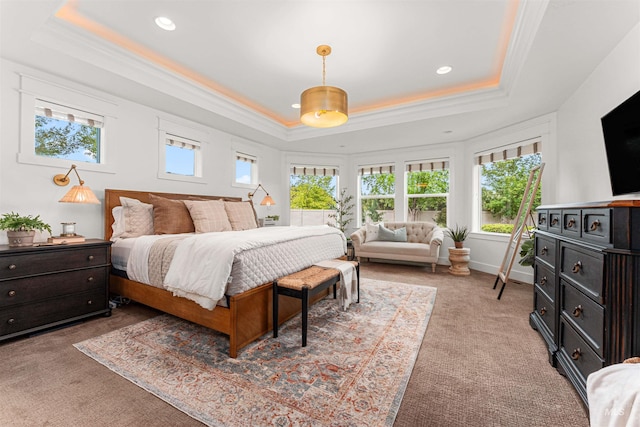 1912 N Bottle Creek Pl, Eagle, ID 83616 - bedroom with a tray ceiling, crown molding, light carpet, and recessed lighting