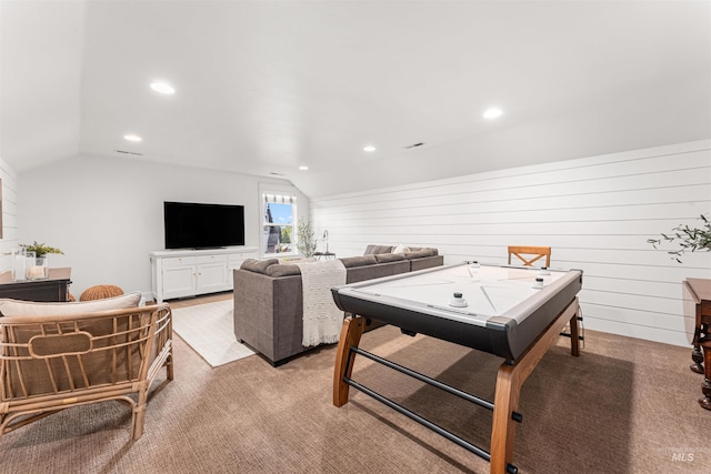 1912 N Bottle Creek Pl, Eagle, ID 83616 - game room featuring lofted ceiling, light colored carpet, recessed lighting, and wood walls