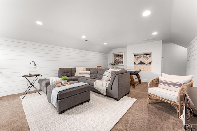 1912 N Bottle Creek Pl, Eagle, ID 83616 - living room with vaulted ceiling, light carpet, recessed lighting, and wooden walls