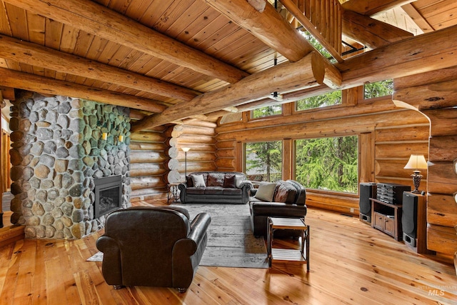 881 Sheila, Mccall, ID 83638 - living room featuring log walls, light wood-style floors, a fireplace, and a wood ceiling with exposed beams