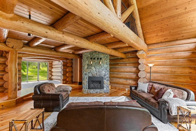 881 Sheila, Mccall, ID 83638 - living area featuring a wood ceiling with exposed beams, hardwood / wood-style floors, and a stone fireplace