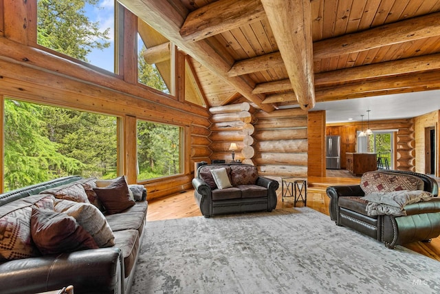 881 Sheila, Mccall, ID 83638 - living room featuring log walls, wood ceiling, wood finished floors, and plenty of natural light