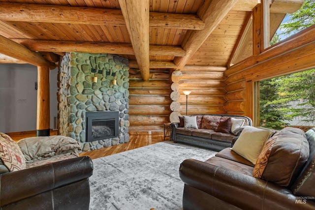 881 Sheila, Mccall, ID 83638 - living area featuring a wooden ceiling with exposed beams, rustic walls, a fireplace, and wood finished floors