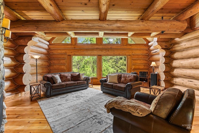881 Sheila, Mccall, ID 83638 - living area featuring a wood ceiling with exposed beams, light wood-style flooring, and rustic walls