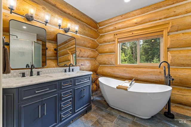 881 Sheila, Mccall, ID 83638 - full bathroom featuring double vanity, a stall shower, a freestanding bath, and log walls