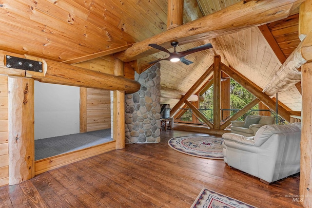 881 Sheila, Mccall, ID 83638 - living area featuring wood ceiling, hardwood / wood-style floors, and a ceiling fan