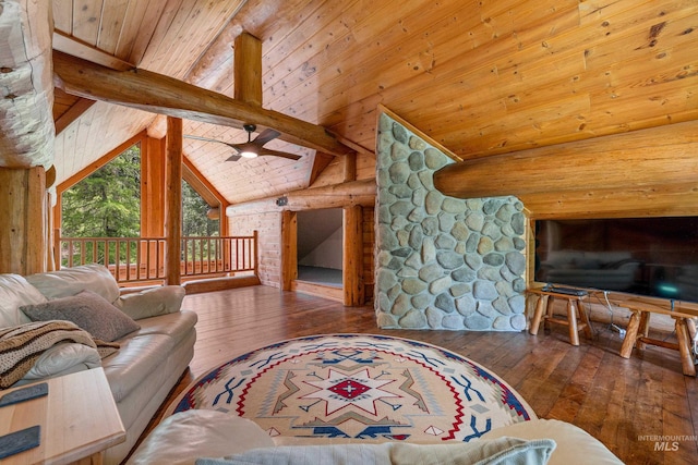 881 Sheila, Mccall, ID 83638 - living room with hardwood / wood-style floors, ceiling fan, and wood ceiling