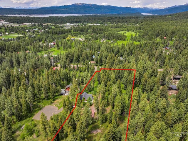 881 Sheila, Mccall, ID 83638 - aerial view of property and surrounding area featuring a mountain backdrop and property parcel outlined