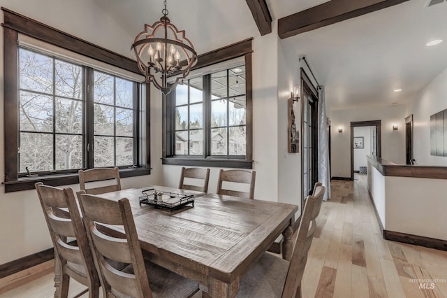 1520 Roosevelt Ave, Mccall, ID 83638 - dining space featuring a chandelier, light wood-style floors, baseboards, recessed lighting, and beam ceiling