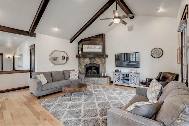 1520 Roosevelt Ave, Mccall, ID 83638 - living room featuring wood finished floors, a ceiling fan, a fireplace, and baseboards