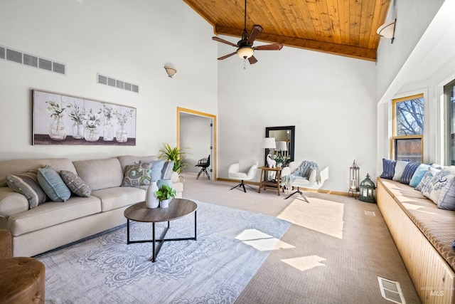 carpeted living area featuring visible vents, baseboards, and wooden ceiling