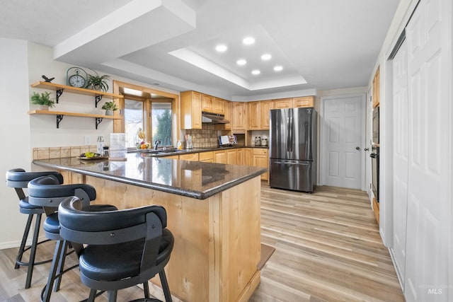 kitchen featuring under cabinet range hood, a tray ceiling, appliances with stainless steel finishes, and a peninsula