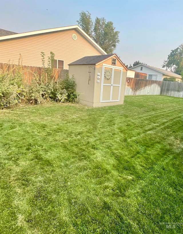 view of yard featuring a shed