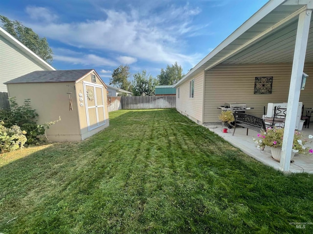 view of yard featuring a patio and a storage unit