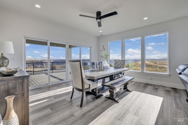dining area with wood finished floors, ceiling fan, recessed lighting, and baseboards