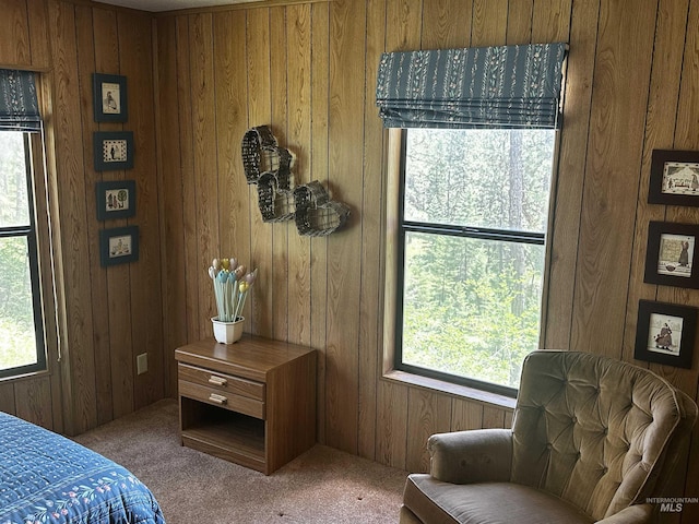 carpeted bedroom with multiple windows and wood walls