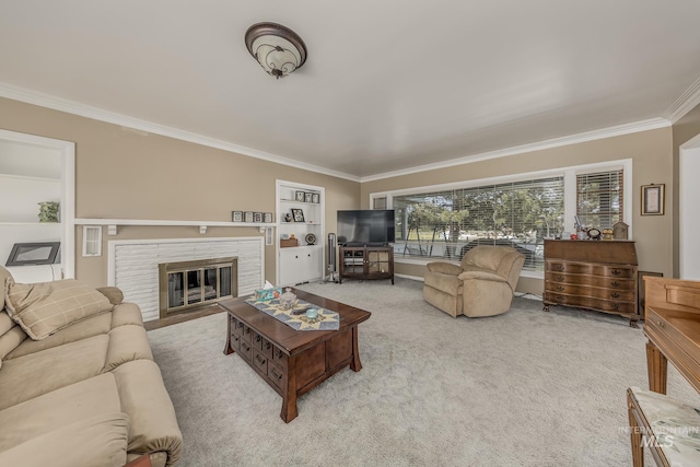 2371 SW 2nd Ave, Ontario, OR 97914 - living room with ornamental molding, carpet floors, a fireplace with flush hearth, and built in shelves