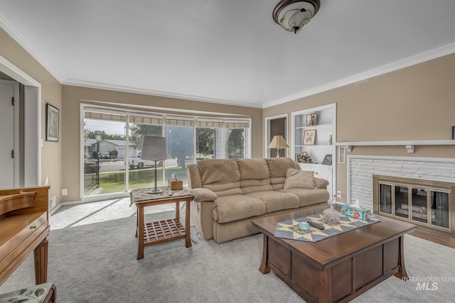 2371 SW 2nd Ave, Ontario, OR 97914 - living room with ornamental molding, built in features, a fireplace, carpet floors, and baseboards