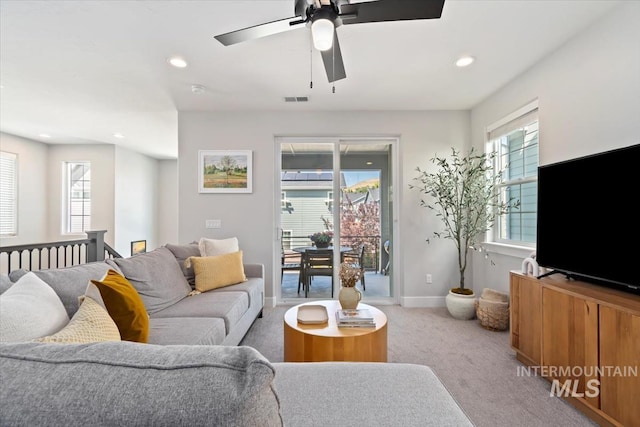 4153 E Raincloud Ln, Boise, ID 83716 - living room featuring light colored carpet, recessed lighting, and a ceiling fan