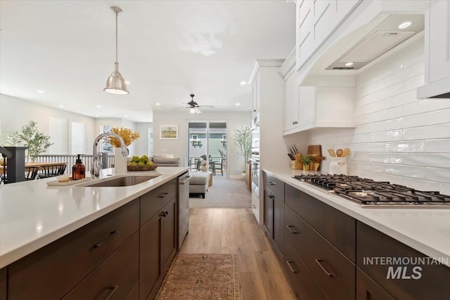 4153 E Raincloud Ln, Boise, ID 83716 - kitchen with appliances with stainless steel finishes, ventilation hood, white cabinets, dark brown cabinetry, and light countertops