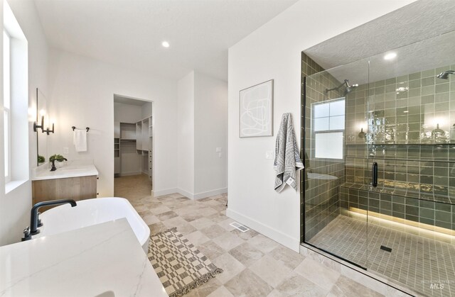 3496 W Parodin St, Eagle, ID 83616 - bathroom with a shower stall, baseboards, vanity, recessed lighting, and a spacious closet