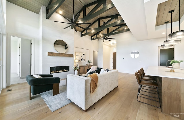 3496 W Parodin St, Eagle, ID 83616 - living room featuring a ceiling fan, high vaulted ceiling, a fireplace, wood ceiling with exposed beams, and light wood-style floors