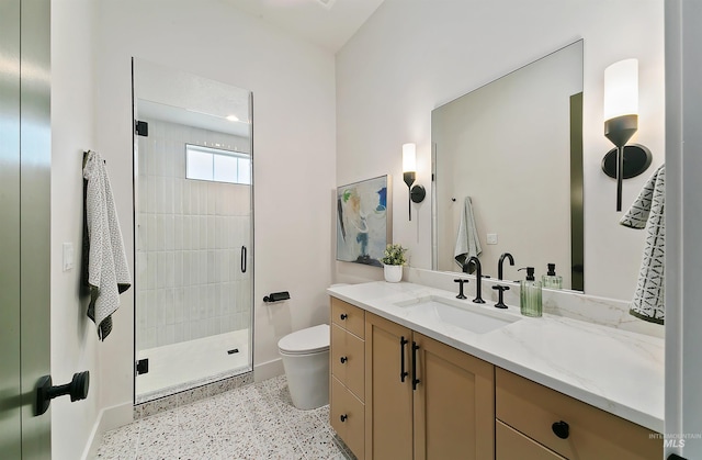3496 W Parodin St, Eagle, ID 83616 - full bathroom featuring speckled floor, a stall shower, toilet, vanity, and baseboards