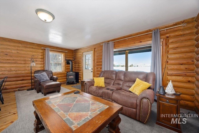 living room featuring hardwood / wood-style flooring and a wood stove