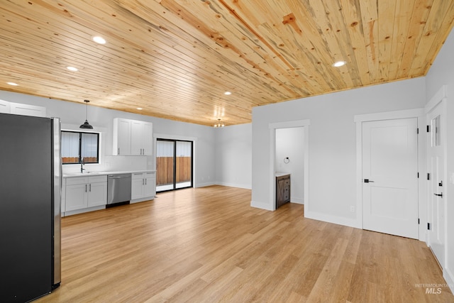 unfurnished living room featuring sink, wood ceiling, and light wood-type flooring