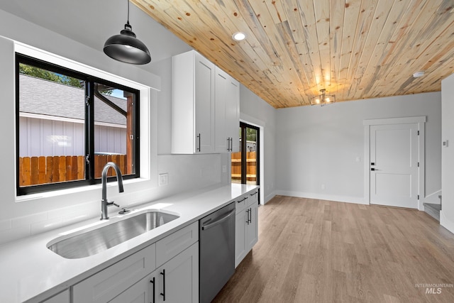 kitchen with light hardwood / wood-style flooring, dishwasher, wood ceiling, decorative light fixtures, and sink