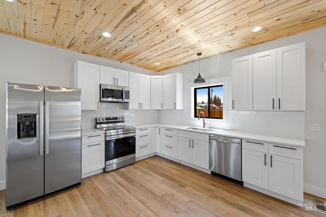 kitchen with tasteful backsplash, stainless steel appliances, light wood-type flooring, sink, and wood ceiling