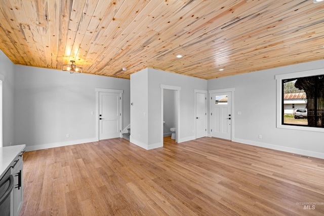 unfurnished living room with light wood-type flooring and wooden ceiling