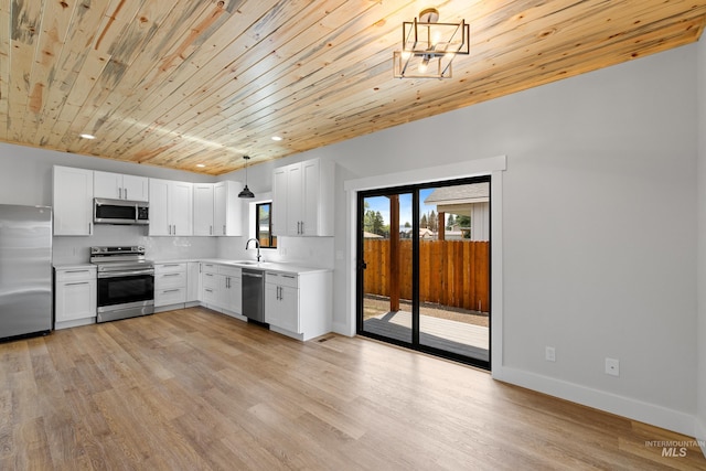 kitchen with backsplash, wood ceiling, light hardwood / wood-style floors, appliances with stainless steel finishes, and decorative light fixtures