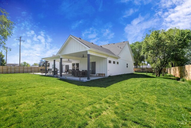 1697 S Vinnell, Boise, ID 83709 - rear view of property featuring ceiling fan, a patio, a shingled roof, and board and batten siding