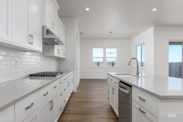 2372 N Leatherwood Ave, Star, ID 83669 - kitchen with a sink, appliances with stainless steel finishes, under cabinet range hood, recessed lighting, and a chandelier