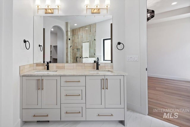 1967 Red Rock Way, Twin Falls, ID 83301 - bathroom featuring a stall shower, double vanity, and recessed lighting