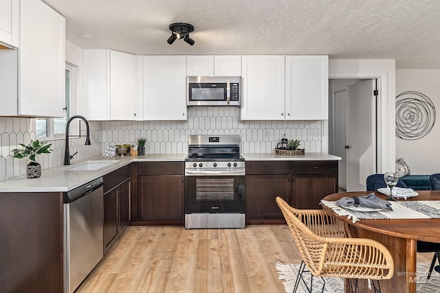 kitchen featuring sink, white cabinetry, dark brown cabinets, appliances with stainless steel finishes, and backsplash