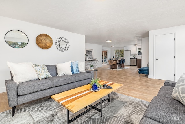 living room with hardwood / wood-style floors and a textured ceiling