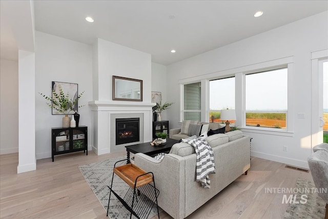 7625 W Whisper Ridge Dr, Meridian, ID 83646 - living room with healthy amount of natural light, light wood-type flooring, a glass covered fireplace, and recessed lighting