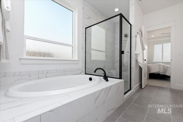 7625 W Whisper Ridge Dr, Meridian, ID 83646 - bathroom featuring a garden tub, a marble finish shower, ensuite bath, tile patterned floors, and recessed lighting