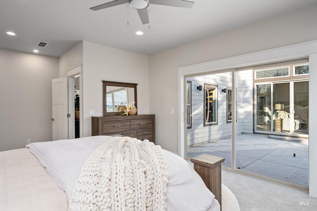 carpeted bedroom with access to exterior and ceiling fan