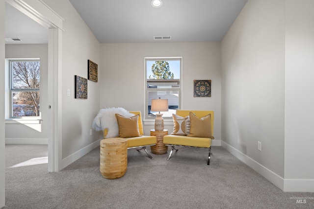 living area featuring plenty of natural light and light carpet