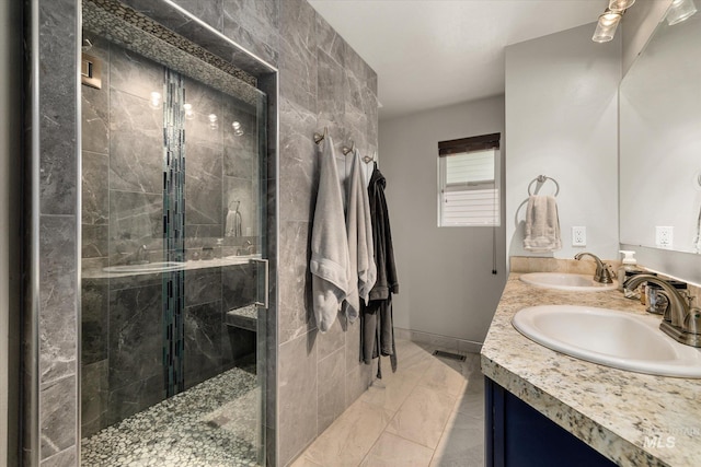 1814 N Rosedust Dr, Kuna, ID 83634 - full bath featuring a stall shower, double vanity, and marble finish floors