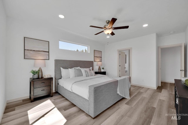 17869 N Onaway Ave, Nampa, ID 83686 - bedroom featuring light wood finished floors, recessed lighting, a ceiling fan, baseboards, and ensuite bath
